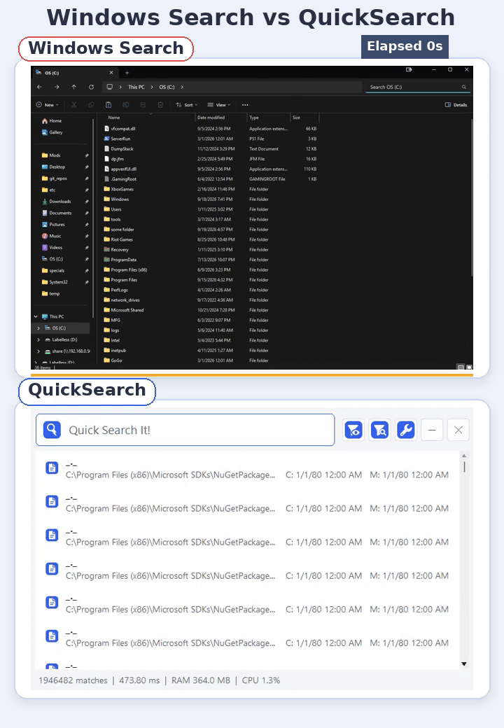 Animated comparison showing Windows Search still searching while QuickSearch finds the same file instantly.